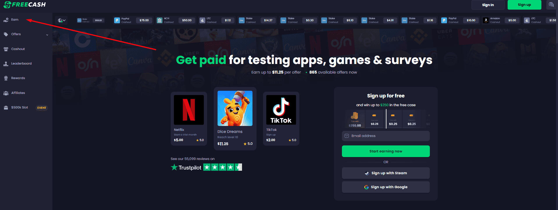 Freecash.com referral screen showcasing no deposit required to earn bonuses, highlighting earning opportunities for new users in 2024.