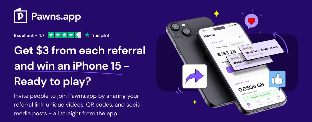 Pawns app referral bonus image highlighting earning opportunities for new users in 2024 with easy sign-up and no deposit required.